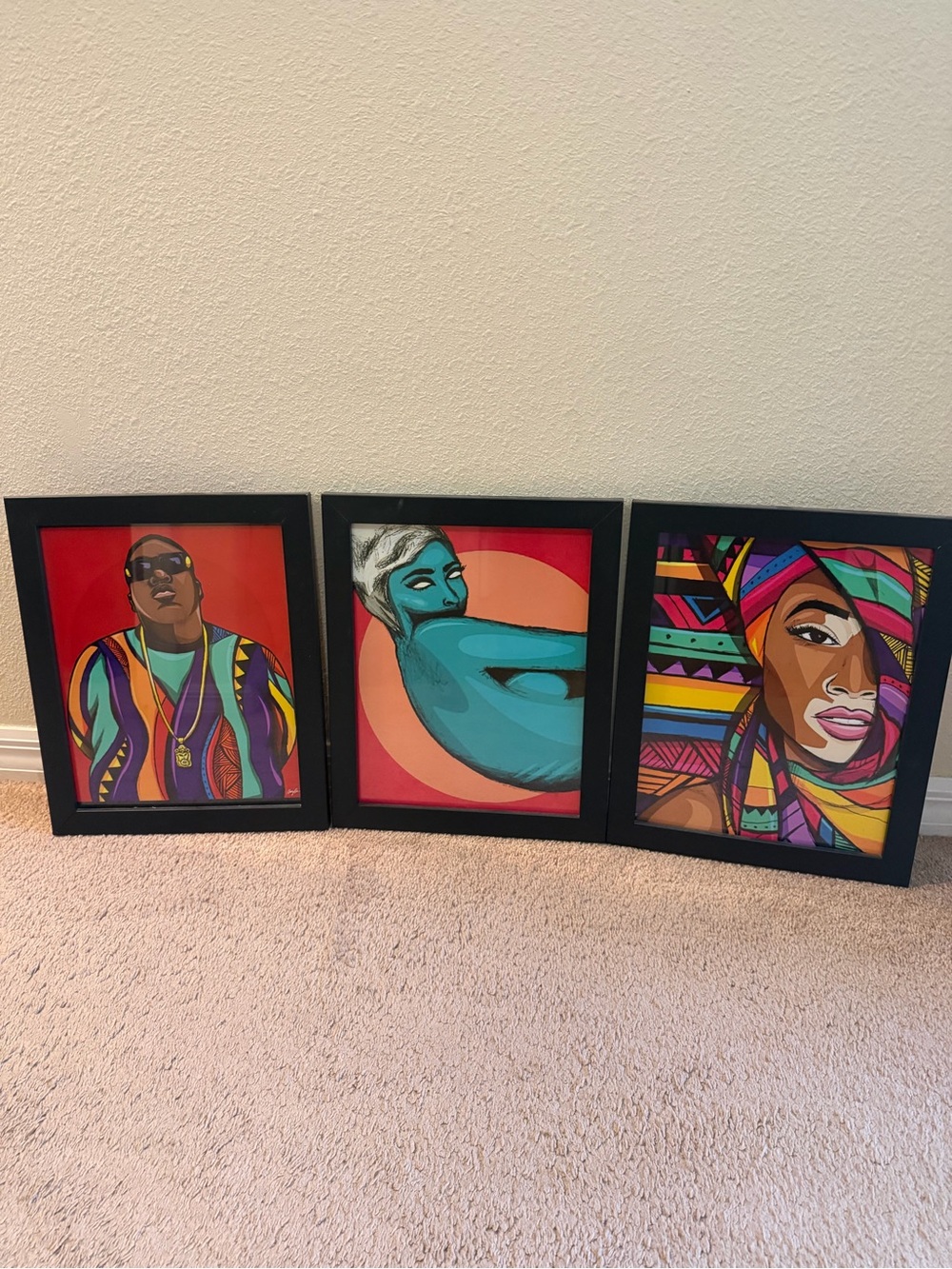 3 Original Hand Painted Pop Art Paintings Biggie Framed 13x16 artwork trio